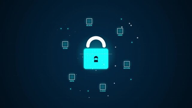 Blockchain Cybersecurity Padlock with Digital Network Nodes