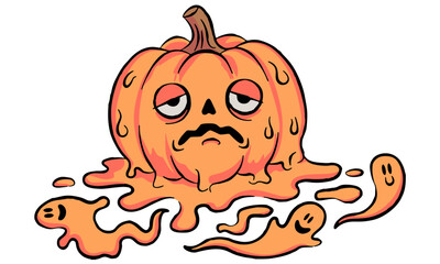 Obraz premium Cartoon pumpkin character with melting shape expressing sadness