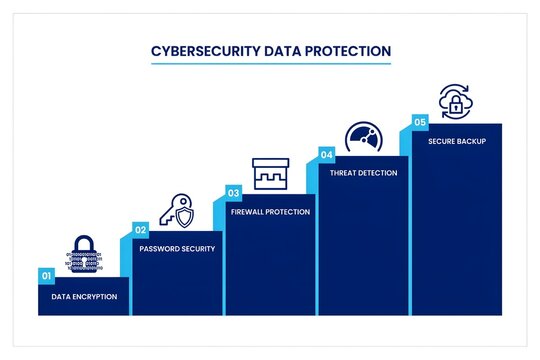 Cybersecurity data protection infographic with five steps and icons