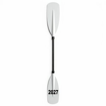 Modern white kayak paddle with black shaft and 2027 year marking on blade isolated on white background