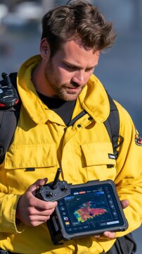 Firefighter monitoring drone thermal imaging data for emergency response