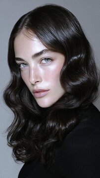 Young woman with dark wavy hair posing in portrait