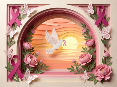 Breast cancer awareness papercut ribbon arch with dove and roses at sunset