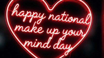 Naklejka premium Red neon sign spelling happy national make up your mind day forms a heart shape against a dark background. Perfect for celebrating indecisiveness and making choices.