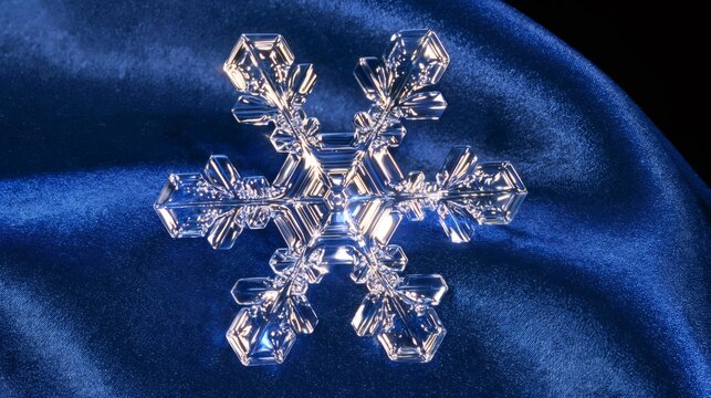 Snowflake ice crystal on blue velvet fabric