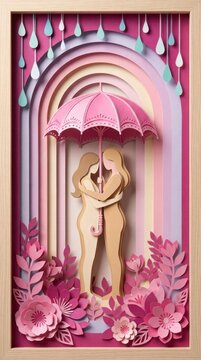 Breast cancer awareness papercut illustration with pink umbrella and floral framed scene