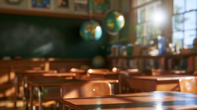Empty classroom with sunlight entering through window