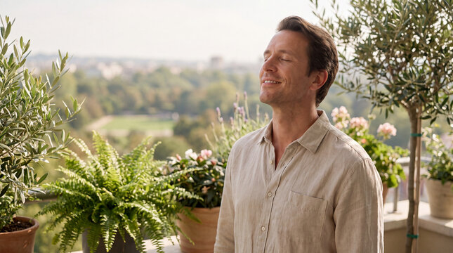 A White man takes a deep breath on a plant filled balcony for World Mental Health Day relaxation marketing.