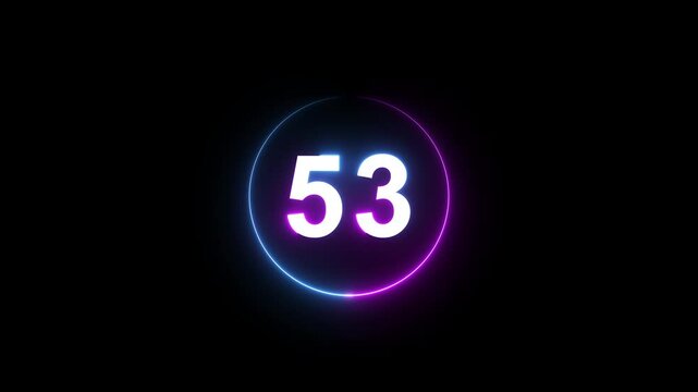 A dynamic circular animation, and glowing count neon number 53 animation . on a black background. and creating a stunning 4k video.