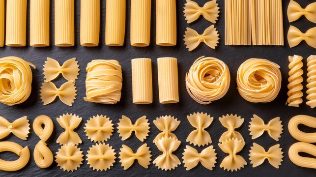 Italian pasta varieties creating a food pattern background