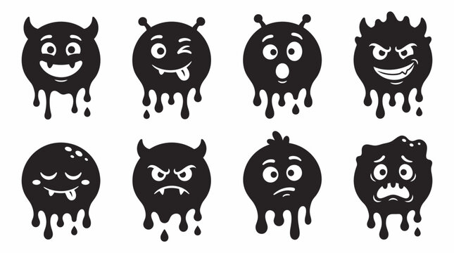 Black Cartoon Monster Faces with Dripping Paint Effect. vector illustration