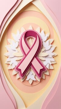 Breast cancer awareness ribbon papercut illustration with pink floral layers