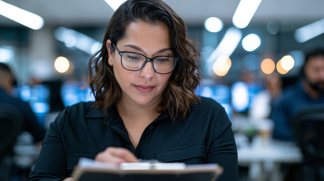 Help desk technician cross-references a physical security fob against a verification checklist on a clipboard; over-the-shoulder medium shot, cool fluorescent office lighting, mode