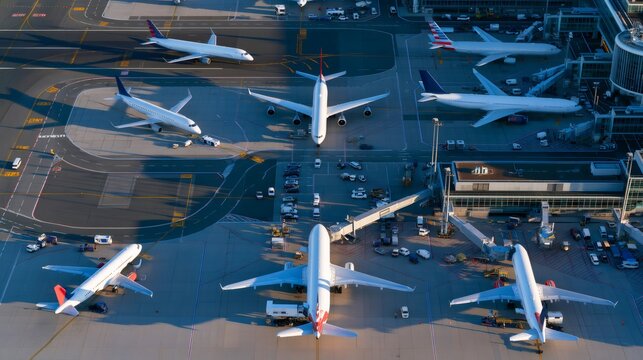 Aerial view of airplanes at a busy airport terminal