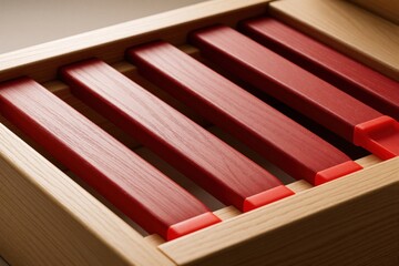 Fototapeta premium Close up of wooden bed frame with red slats. Modern furniture design features flexible rubber holders for mattress support. Durable wood structure provides ergonomic comfort, stability for better