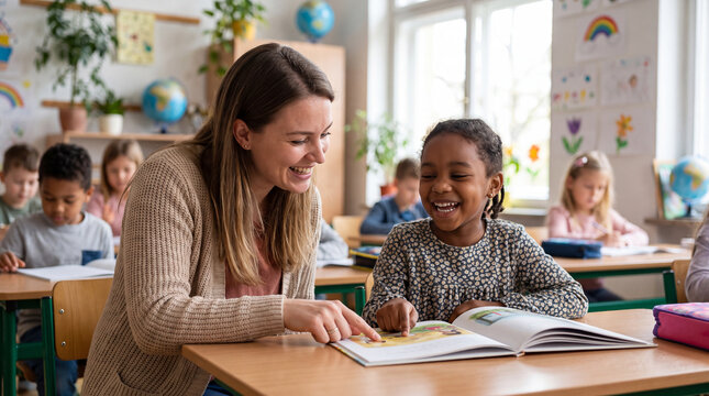 A teacher and a laughing 6 year old student read a book together in a classroom for World Teacher's Day educational content.