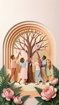Breast cancer awareness papercut illustration with ribbon and community gathering