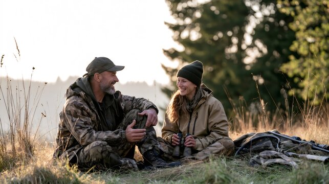 Hunters resting in autumn forest enjoying conversation