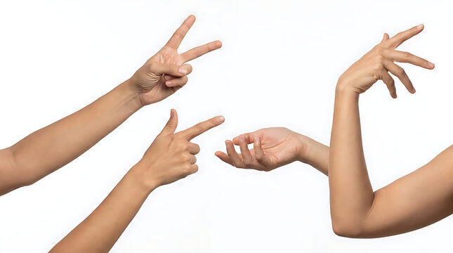 Four human hands making different gestures on white.