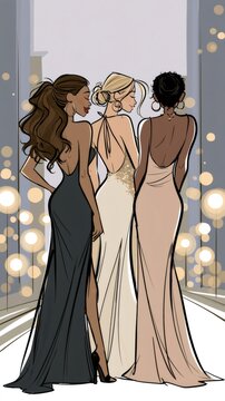 Three diverse women wearing elegant evening gowns