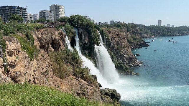 Pan From Lower Duden Waterfall Toward Antalya Coastline