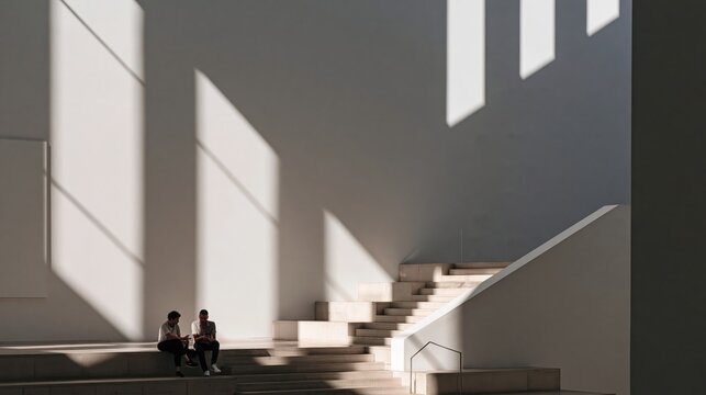 Two individuals are seated on steps bathed in dramatic sunlight and shadow patterns.