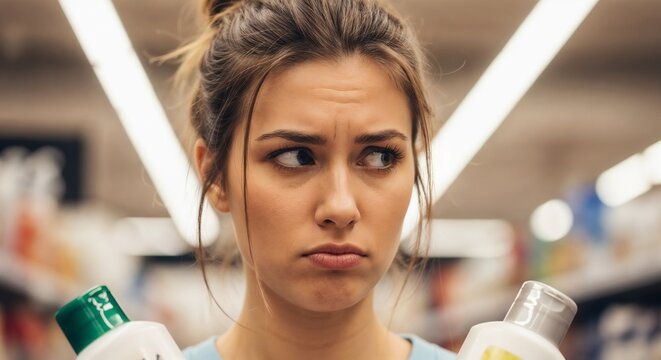 Confused shopper looking at product bottles in supermarket aisle. Confused shopper compares different brands, feeling overwhelmed by choice. Emotional confused shopper for consumer behavior ads.