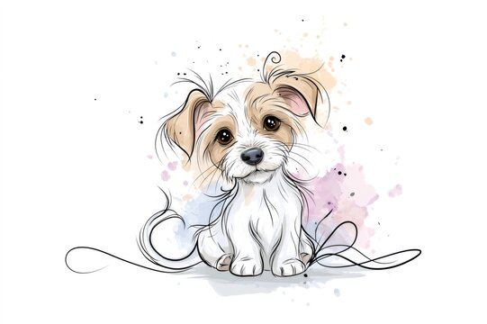 Cute puppy dog illustration with watercolor splashes