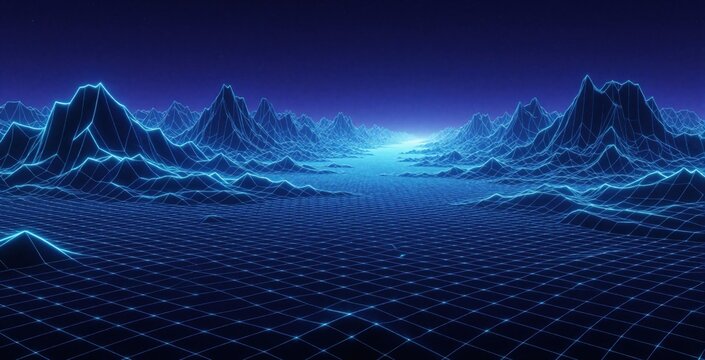3D digital landscape with glowing blue wireframe mountains under dark starry sky. Futuristic virtual world with grid ground and distant bright horizon. Abstract tech background with geometric terrain.
