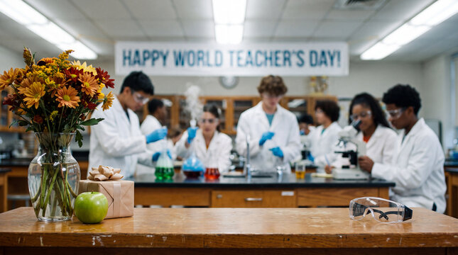 Flowers, an apple and safety goggles on a science lab table celebrate World Teacher's Day with curious discovery spirit, perfect for STEM education posters.