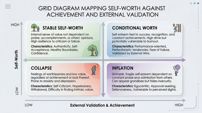 Grid diagram mapping stable self worth conditional worth collapse and inflation quadrants
