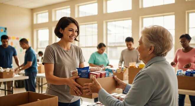 Smiling young woman hands cardboard box filled with supplies to senior person during food bank donation. Diverse volunteers pack grocery items during food bank donation. Concept food bank donation.