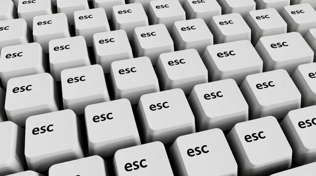 Many white computer keyboard keys labeled esc arranged closely together. Repetitive pattern offers unique perspective on common computer input device, essential function for exiting programs stopping