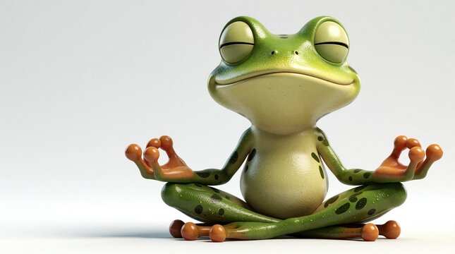 Cute green cartoon frog yoga pose in meditation. Funny amphibian character sits in lotus position with closed eyes on white background. Happy toad practices mindfulness, zen relaxation to reduce