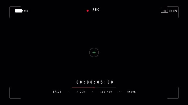 Minimalist digital camera viewfinder interface with recording timer overlay for cinematic video production motion graphics background 4K animation