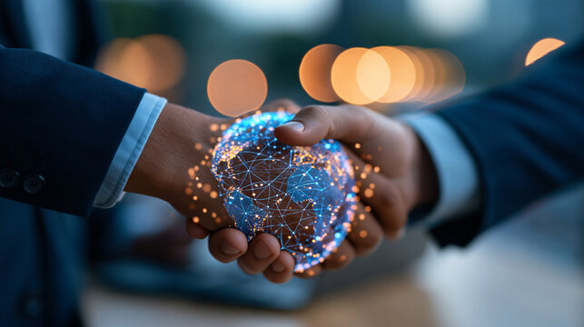 Global business partnership concept representing cost reduction through third-party service delegation on a bright soft-toned background, corporate strategy, digital workflow, tech