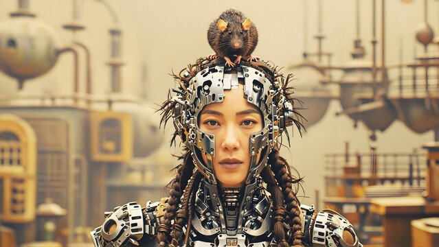 Futuristic cyborg woman with a cute rat in steampunk factory