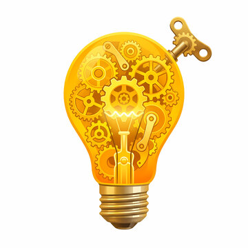 A golden light bulb containing internal mechanical clockwork gears and cogs which represents the creative process of thinking about new inventions and innovative engineering solutions for future
