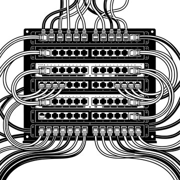 Network Patch Panel vector illustration featuring multiple ethernet cables connected to network ports in a busy server rack configuration. Perfect for network infrastructure, server rooms, data center