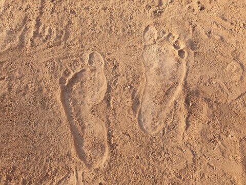Two human footprints pressed into dry, brown sandy soil.