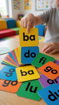 Child learns word sounds with colorful syllable cards. Small hand points to letter pairs on bright educational flashcards spread on table. Early reading activity indoors.