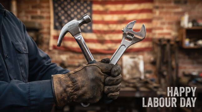 Worker Holding Hammer and Wrench Tools in Gloves with US Flag Background for Happy Labour Day