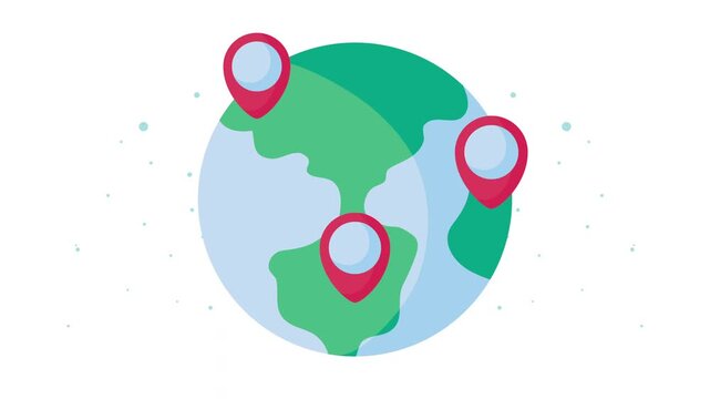 Animated world globe with three map pins popping up showing global locations and destination tracking.