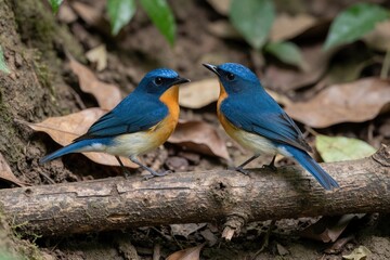 Naklejka premium Two Indochinese Blue Flycatchers sit on a mossy tree branch in a rich jungle. Their bright blue feathers contrast with vibrant orange throats and creamy bellies.