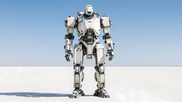 Futuristic white military battle robot standing in desert landscape