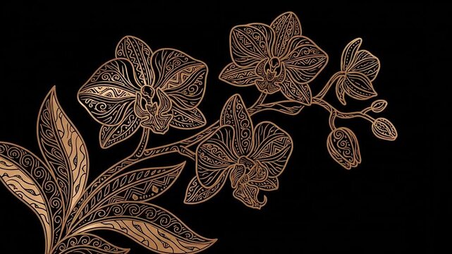 Golden Orchid Flowers With Intricate Pattern Designs On Black Background