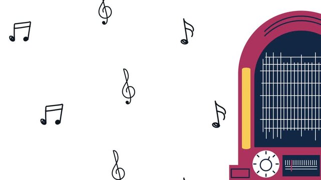 Retro jukebox playing music animation with floating musical notes on white background.