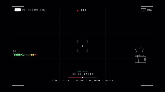 Digital cinema camera viewfinder overlay with recording status and focus frame in high resolution 4K animation