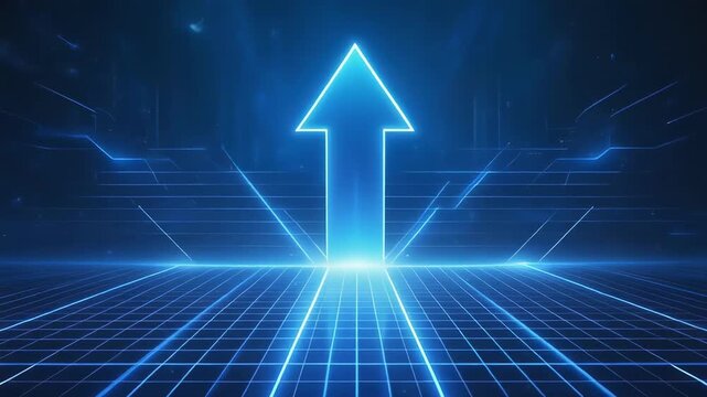 Abstract glowing blue arrow ascends through digital grid lines during futuristic tunnel sequence