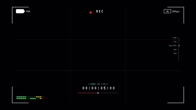 Cinematic camera viewfinder overlay with recording status indicator and timecode counter on alpha chanel for digital video production 4K animation